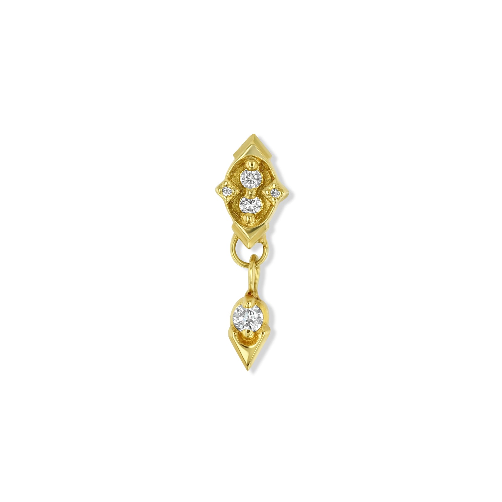 Gold earring with diamond stones on a white background
